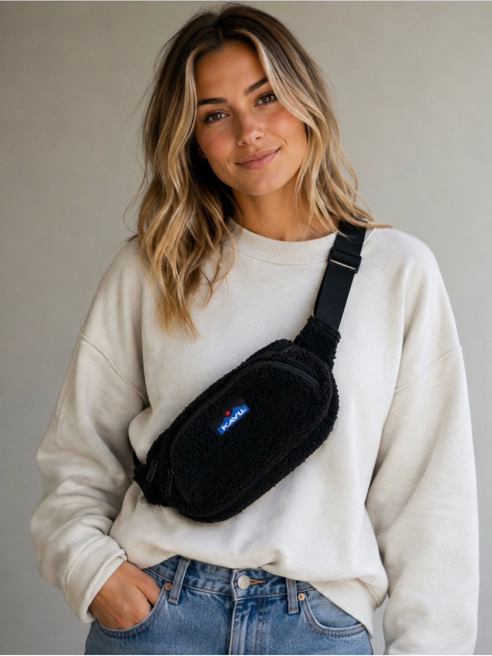 KAVU BLACK SHERPA FLEECE SPECTATOR BELT BAG WAIST PACK GORPCORE